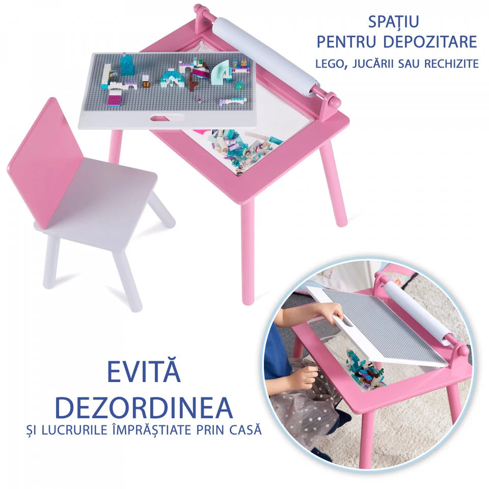 Birou pentru copii Roz cu tabla compatibila cu piese LEGO, din MDF, cu Scaunel, Rola de desen, Spatiu de depozitare, Blat reversibil