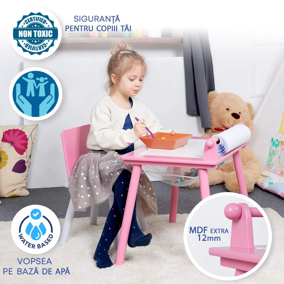 Birou pentru copii Roz cu tabla compatibila cu piese LEGO, din MDF, cu Scaunel, Rola de desen, Spatiu de depozitare, Blat reversibil