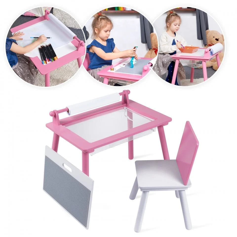 Birou pentru copii Roz cu tabla compatibila cu piese LEGO, din MDF, cu Scaunel, Rola de desen, Spatiu de depozitare, Blat reversibil