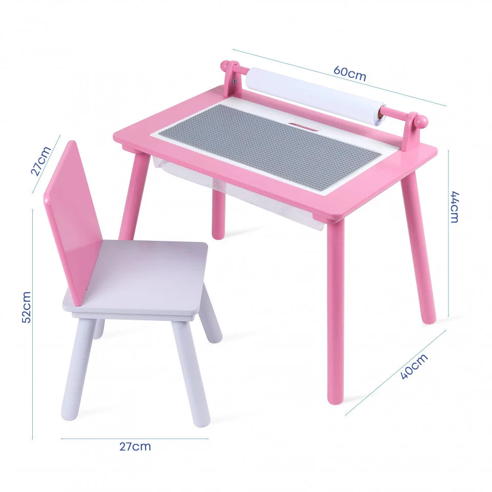Birou pentru copii Roz cu tabla compatibila cu piese LEGO, din MDF, cu Scaunel, Rola de desen, Spatiu de depozitare, Blat reversibil