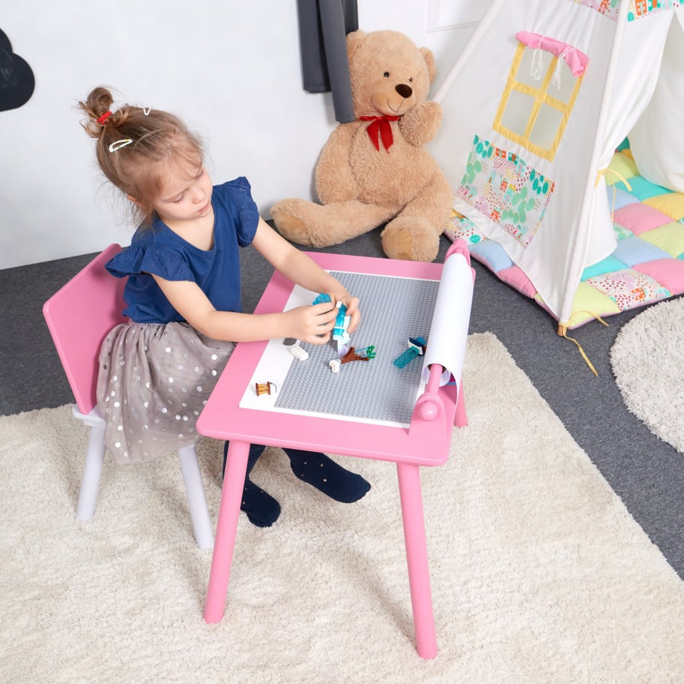Birou pentru copii Roz cu tabla compatibila cu piese LEGO, din MDF, cu Scaunel, Rola de desen, Spatiu de depozitare, Blat reversibil