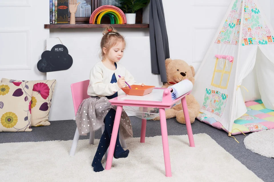 Birou pentru copii Roz cu tabla compatibila cu piese LEGO, din MDF, cu Scaunel, Rola de desen, Spatiu de depozitare, Blat reversibil