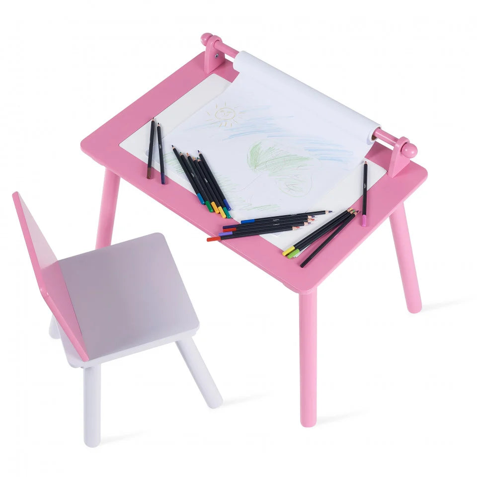 Birou pentru copii Roz cu tabla compatibila cu piese LEGO, din MDF, cu Scaunel, Rola de desen, Spatiu de depozitare, Blat reversibil