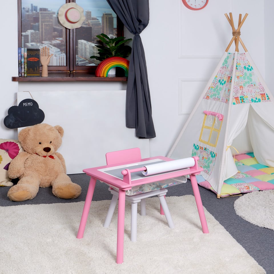 Birou pentru copii Roz cu tabla compatibila cu piese LEGO, din MDF, cu Scaunel, Rola de desen, Spatiu de depozitare, Blat reversibil