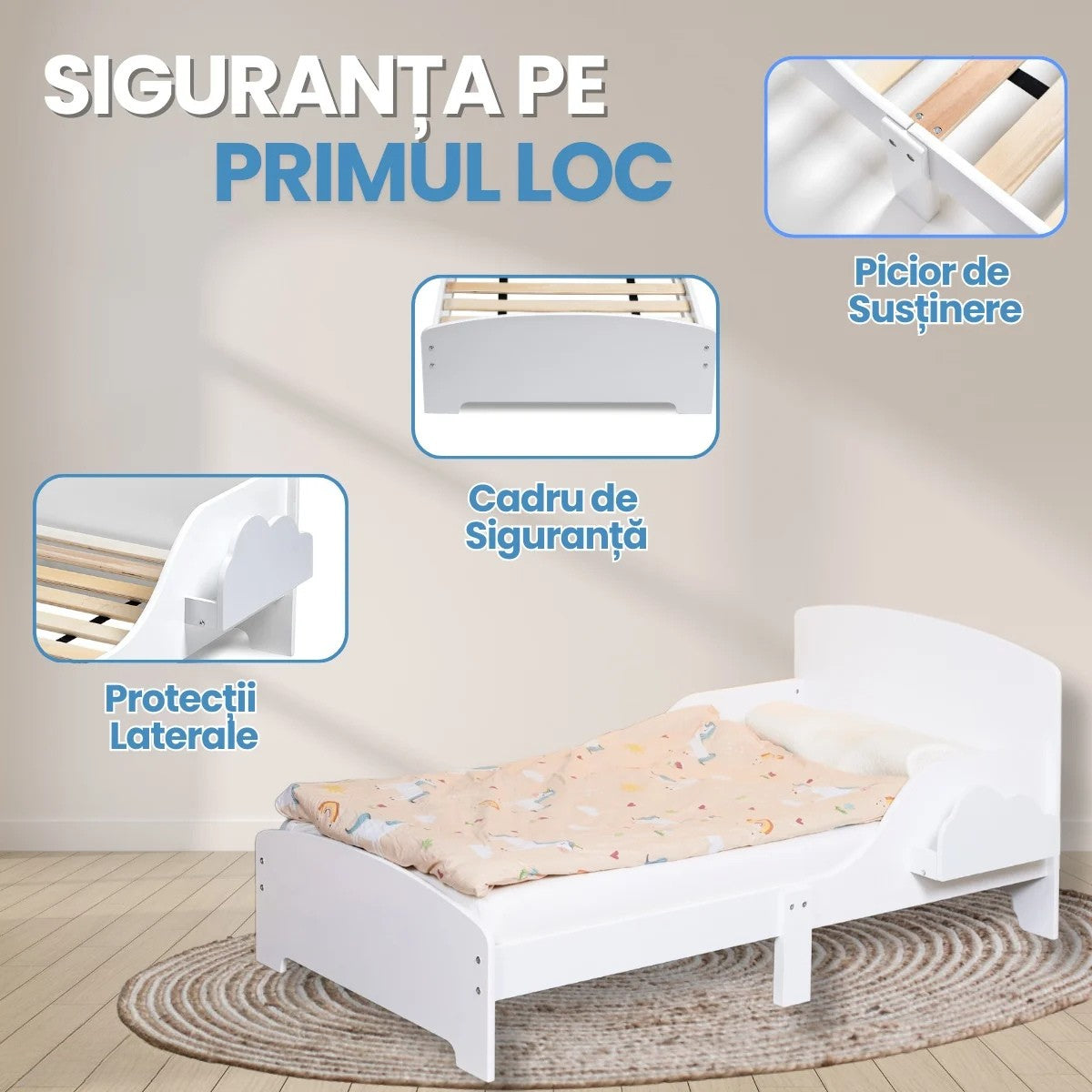 Pat Copii cu Protectie Laterala si Raft Depozitare Carti si Jucarii, Model Norisor, Patut pentru Baieti si Fetite Varsta de 3 - 8 Ani, Mobilier din Lemn MDF, Alb + Bonus Stickere Fosforescente
