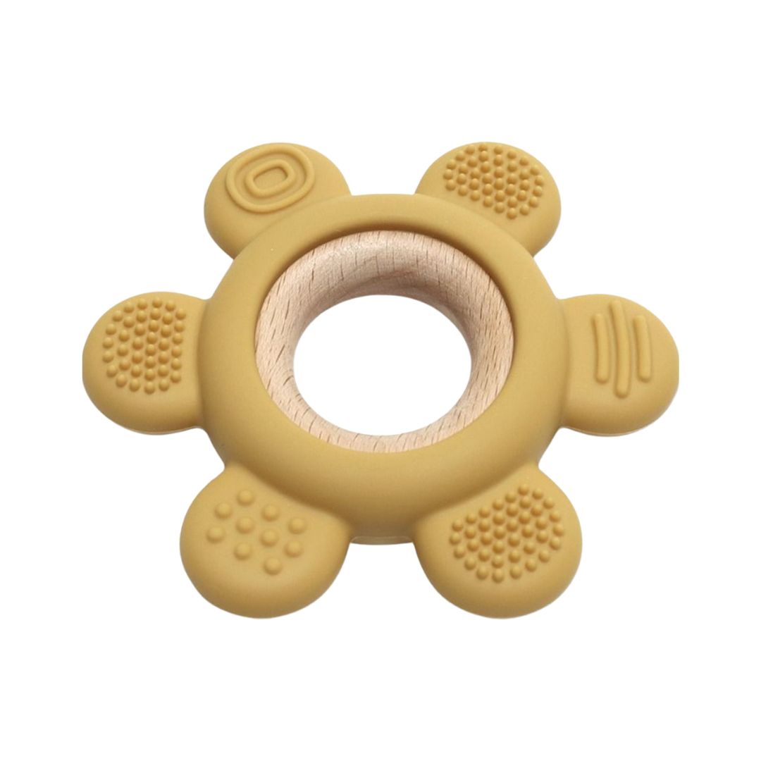 Jucărie Gingivală Silicon și Lemn – Floare Galbenă, 0 luni+