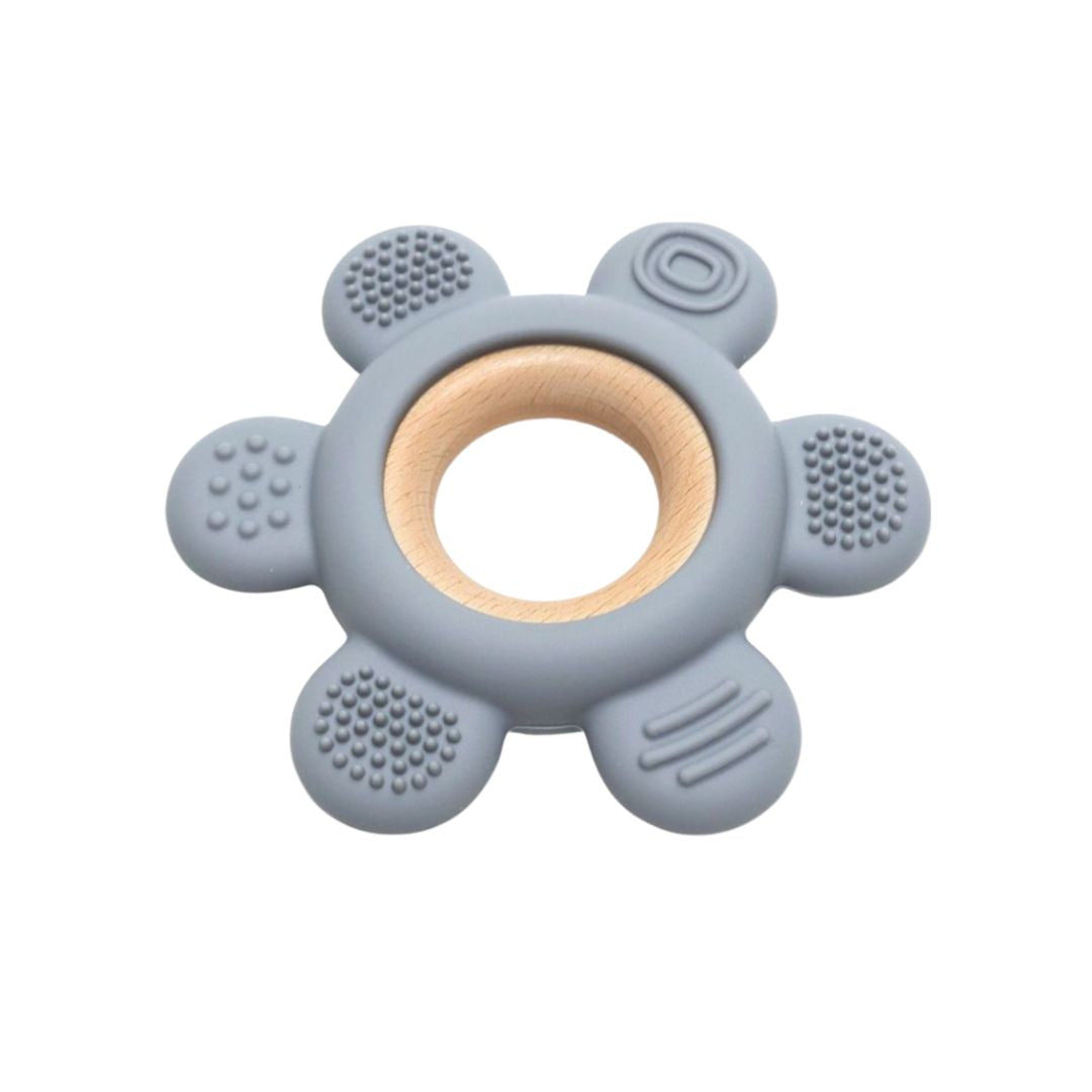 Jucărie Gingivală Silicon și Lemn – Floare Gri, 0 luni+