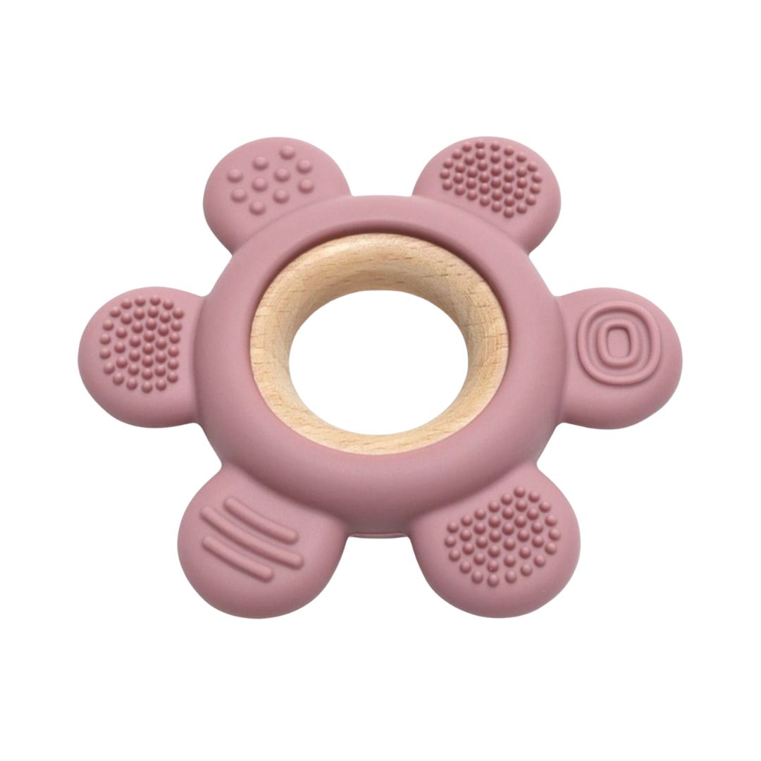 Jucărie Gingivală Silicon și Lemn – Floare Roz, 0 luni+