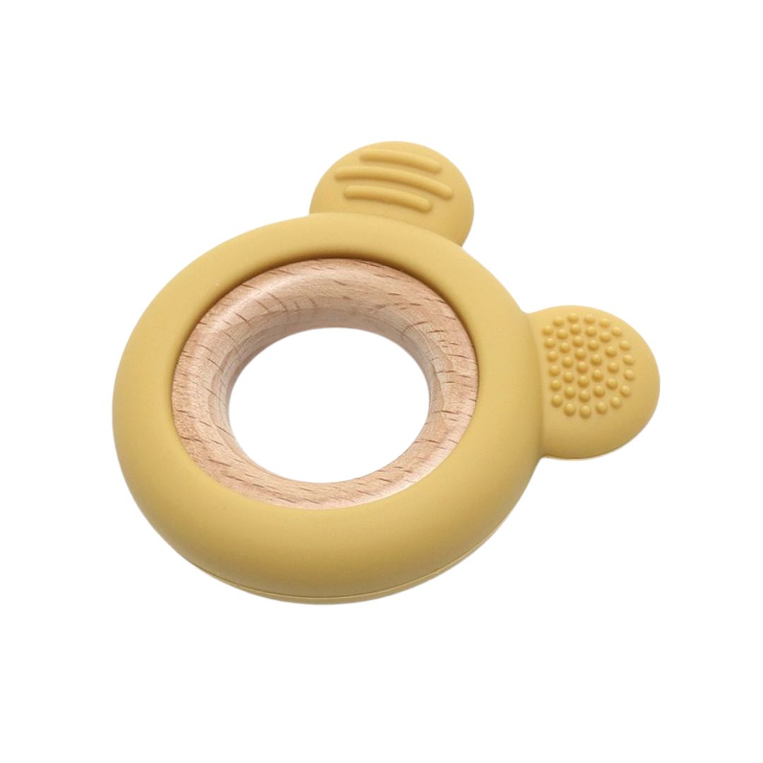 Jucărie Gingivală Silicon și Lemn – Ursuleț Galben, 0 luni+