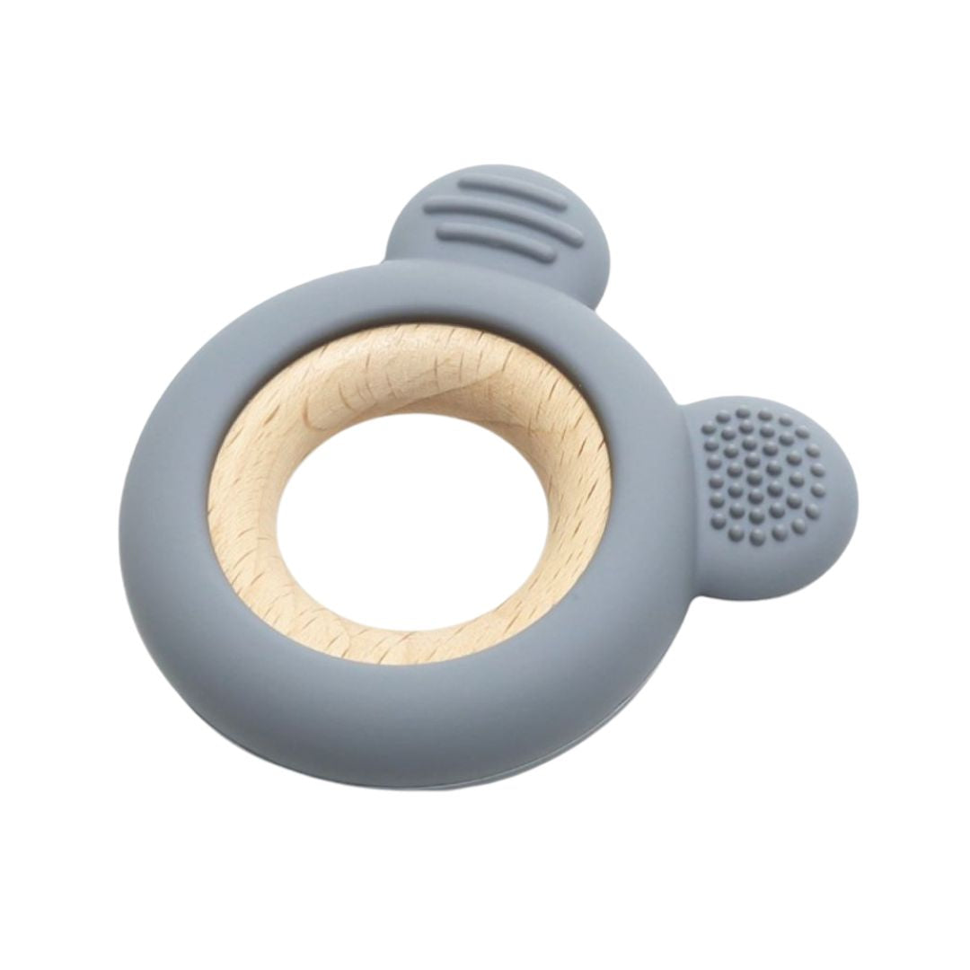 Jucărie Gingivală Silicon și Lemn – Ursuleț Gri, 0 luni+