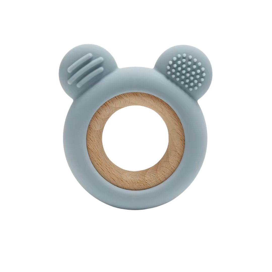 Jucărie Gingivală Silicon și Lemn – Ursuleț Gri, 0 luni+