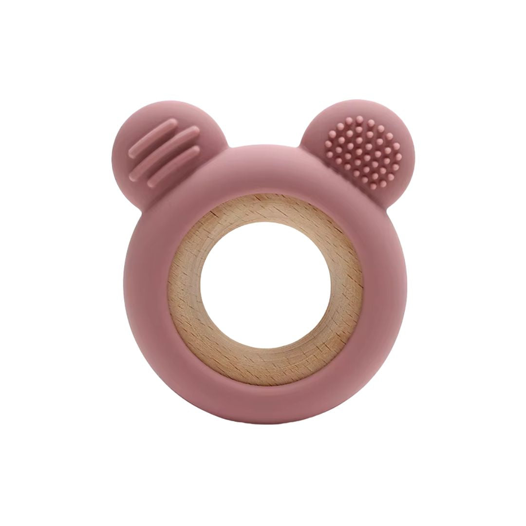 Jucărie Gingivală Silicon și Lemn – Ursuleț Roz, 0 luni+