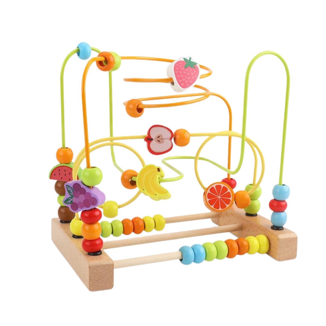 Labirint Montessori din lemn cu mărgele și forme 3D – Animale și