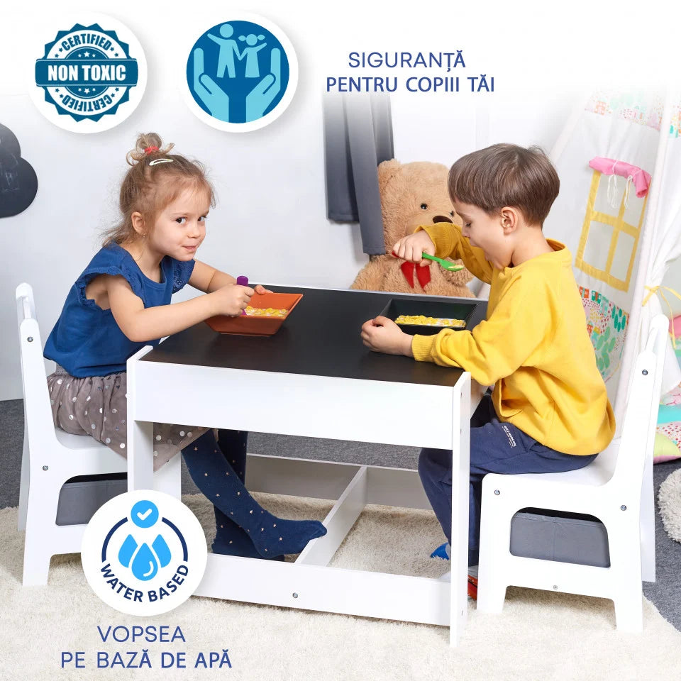 Masa cu scaune pentru copii si tabla compatibila cu piese LEGO, din MDF, Sertare Depozitare, Organizator Jucarii, Tabla de Scris, Desenat, Studiat. Alb cu gri, 3-6 ani
