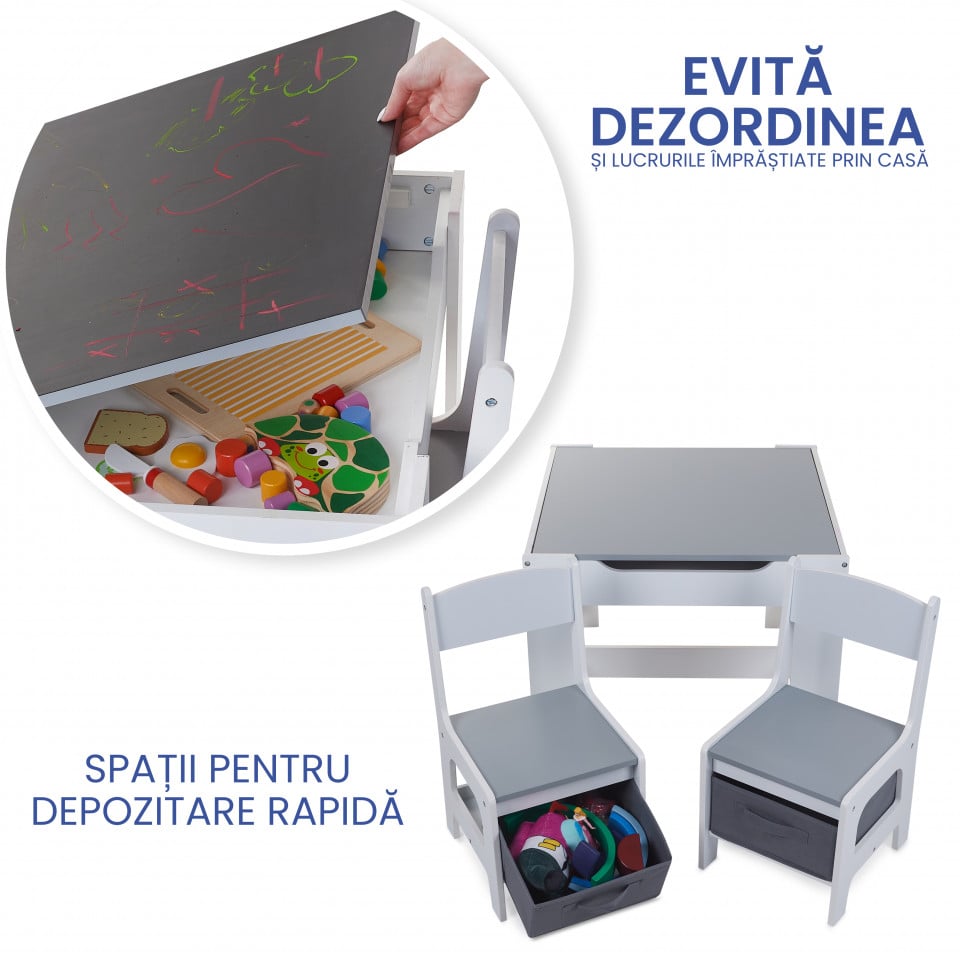 Set Masuta cu scaun pentru copii din Lemn Mdf 3 in 1, Tabla De Scris, Desenat, Colorat, Depozitare, Varsta 3-6 Ani, Alb cu Gri