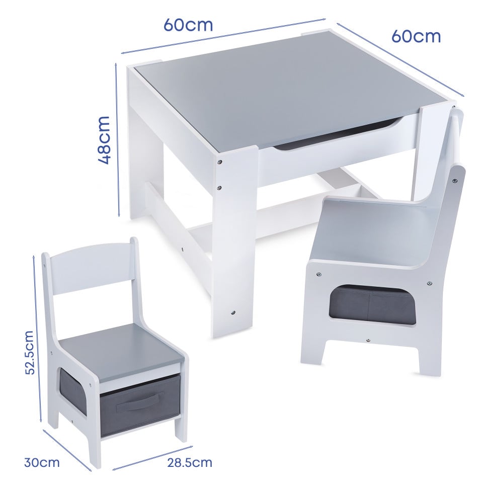 Set Masuta cu scaun pentru copii din Lemn Mdf 3 in 1, Tabla De Scris, Desenat, Colorat, Depozitare, Varsta 3-6 Ani, Alb cu Gri
