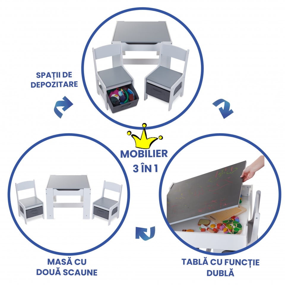Set Masuta cu scaun pentru copii din Lemn Mdf 3 in 1, Tabla De Scris, Desenat, Colorat, Depozitare, Varsta 3-6 Ani, Alb cu Gri