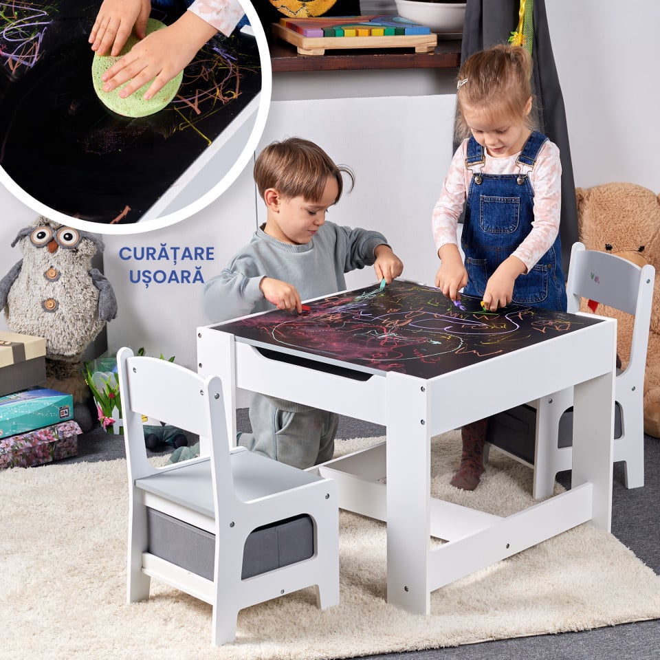 Set Masuta cu scaun pentru copii din Lemn Mdf 3 in 1, Tabla De Scris, Desenat, Colorat, Depozitare, Varsta 3-6 Ani, Alb cu Gri