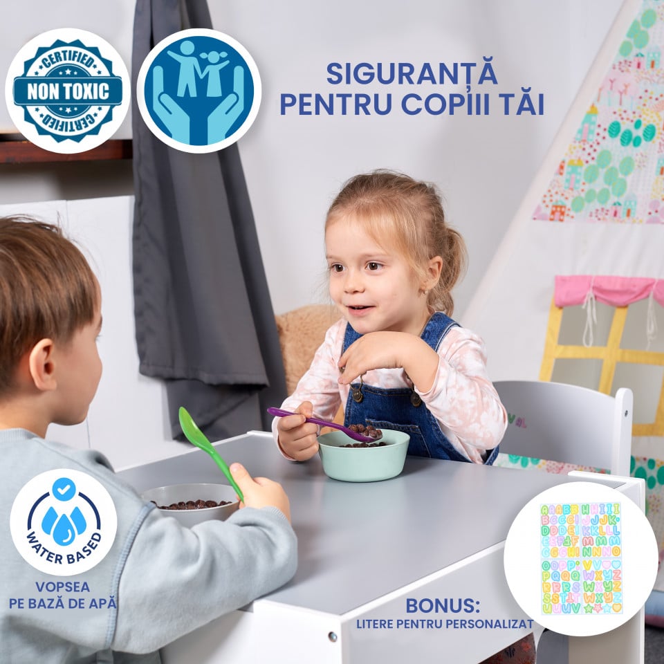 Set Masuta cu scaun pentru copii din Lemn Mdf 3 in 1, Tabla De Scris, Desenat, Colorat, Depozitare, Varsta 3-6 Ani, Alb cu Gri