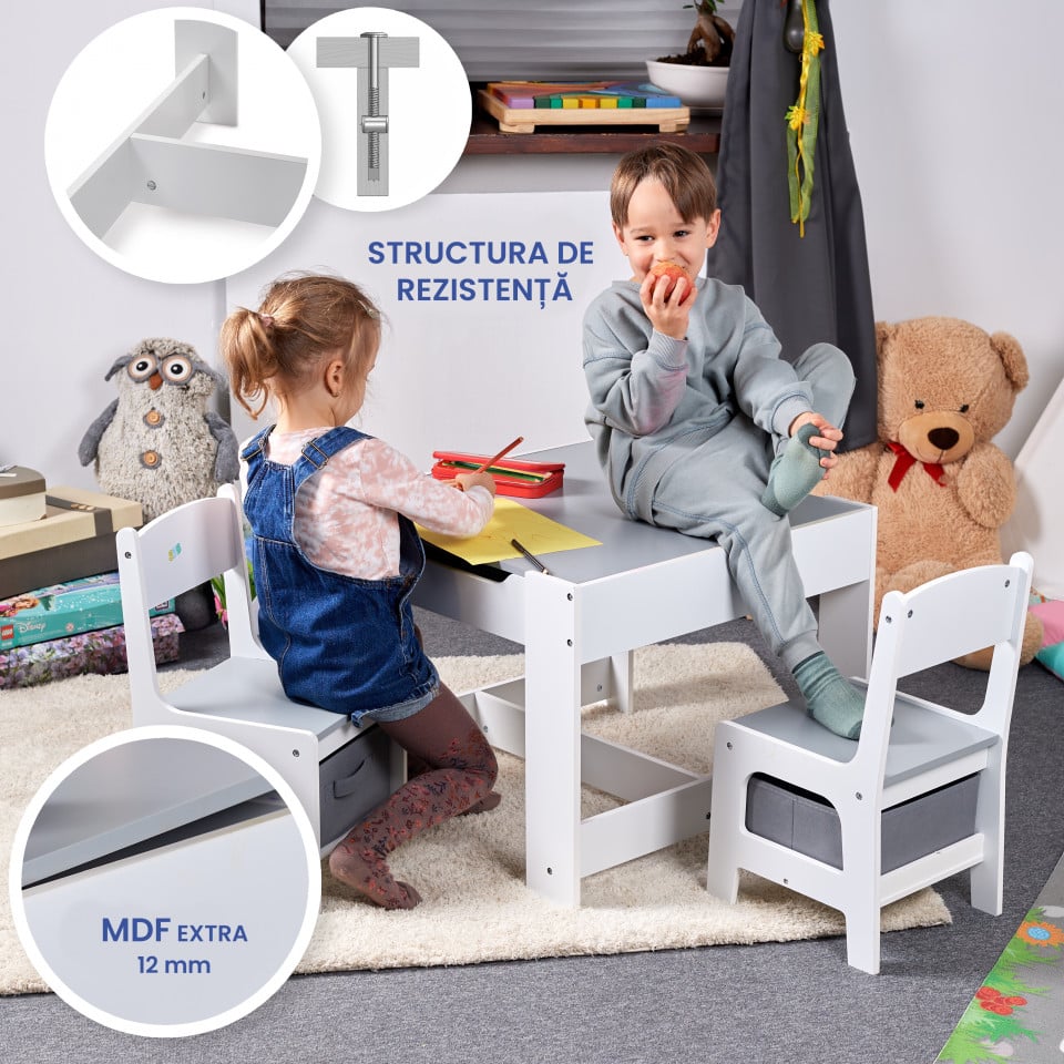 Set Masuta cu scaun pentru copii din Lemn Mdf 3 in 1, Tabla De Scris, Desenat, Colorat, Depozitare, Varsta 3-6 Ani, Alb cu Gri