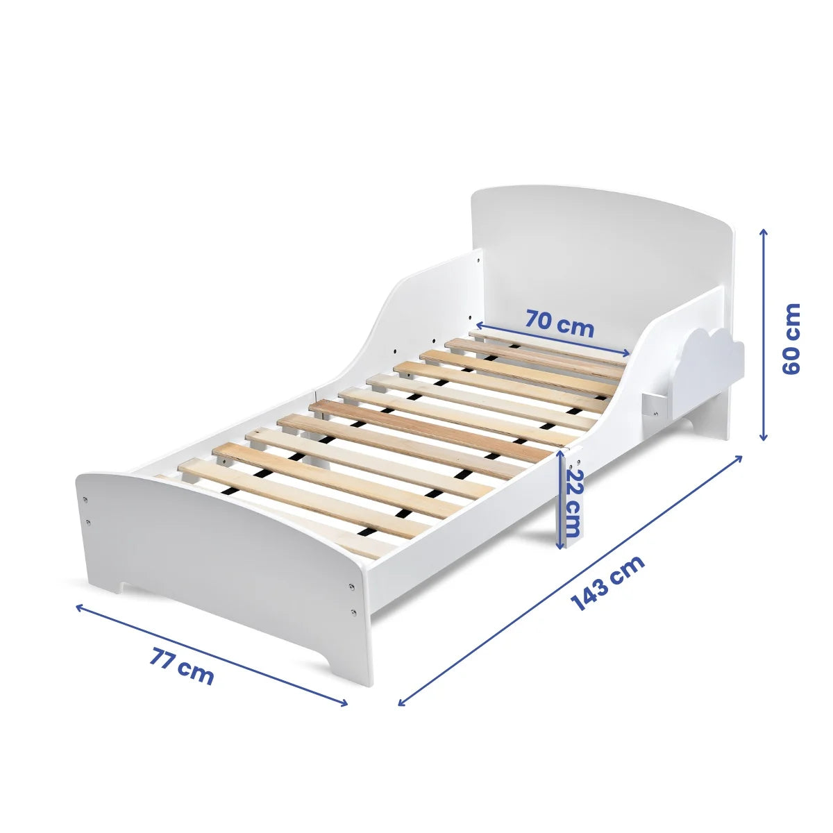 Pat Copii cu Protectie Laterala si Raft Depozitare Carti si Jucarii, Model Norisor, Patut pentru Baieti si Fetite Varsta de 3 - 8 Ani, Mobilier din Lemn MDF, Alb + Bonus Stickere Fosforescente