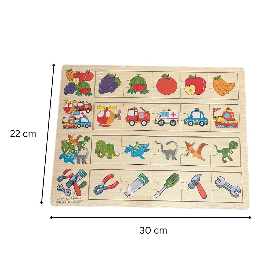 Puzzle educativ de asociere, 4 categorii - fructe, vehicule, dinozauri și unelte