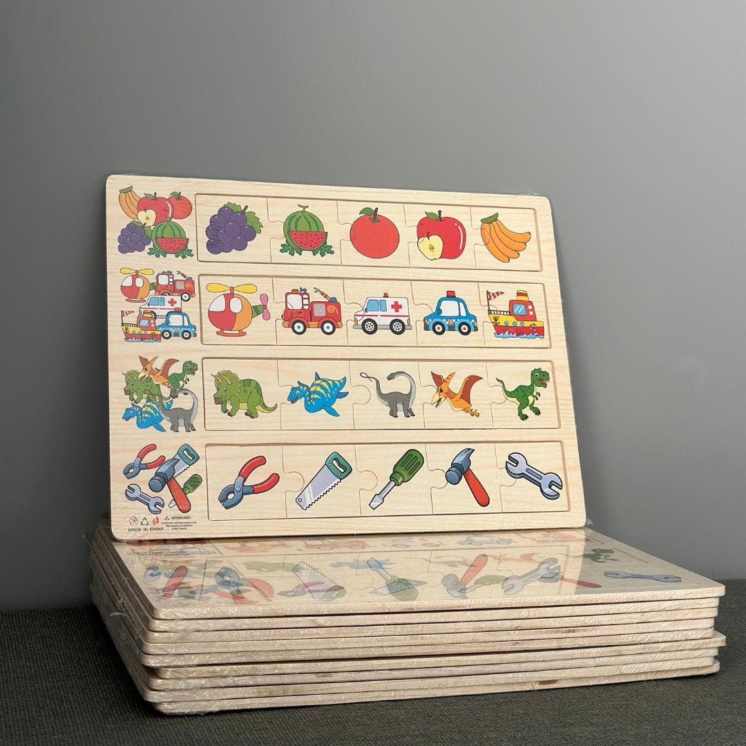 Puzzle educativ de asociere, 4 categorii - fructe, vehicule, dinozauri și unelte