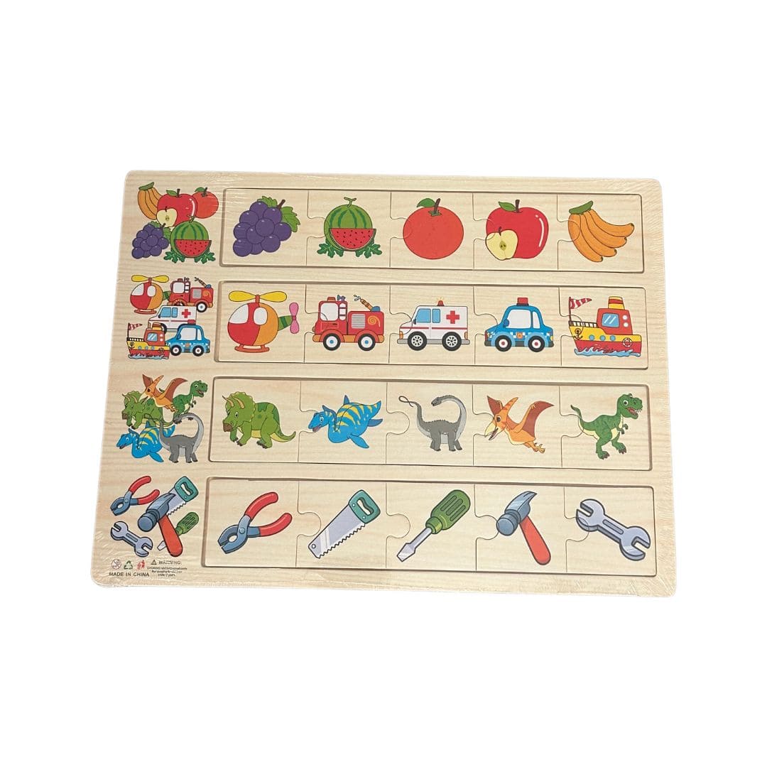 Puzzle educativ de asociere, 4 categorii - fructe, vehicule, dinozauri și unelte