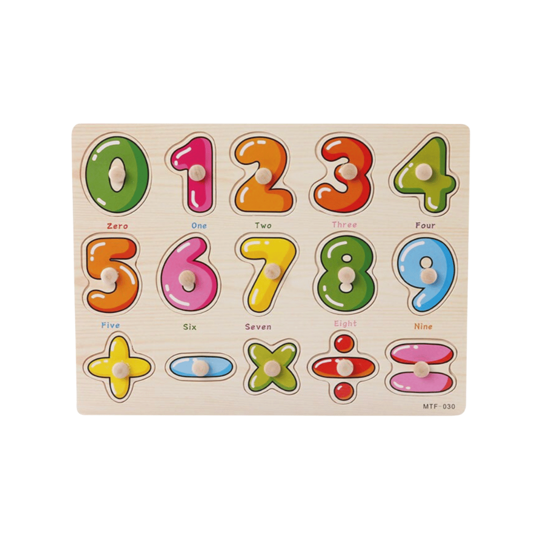 Puzzle incastru din lemn - Numere și operații matematice, 2 ani+