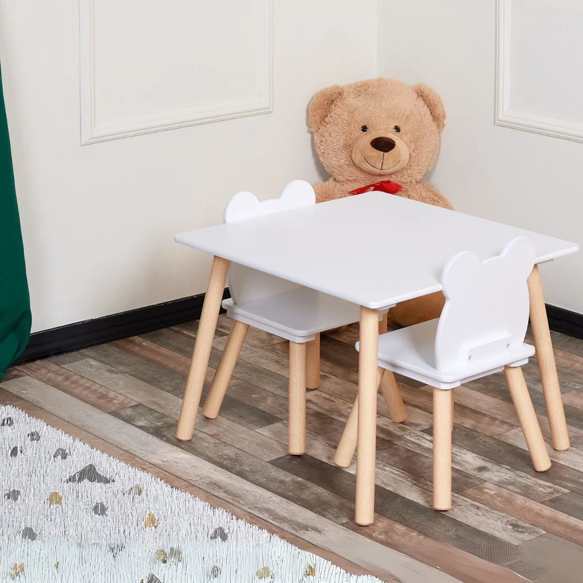Set Masa si 2 Scaune pentru Copii din Lemn MDF, Scaun in Forma de Ursulet si Masuta de Scris, Varsta 3-6 Ani, cu Margini Rotunde, Alb