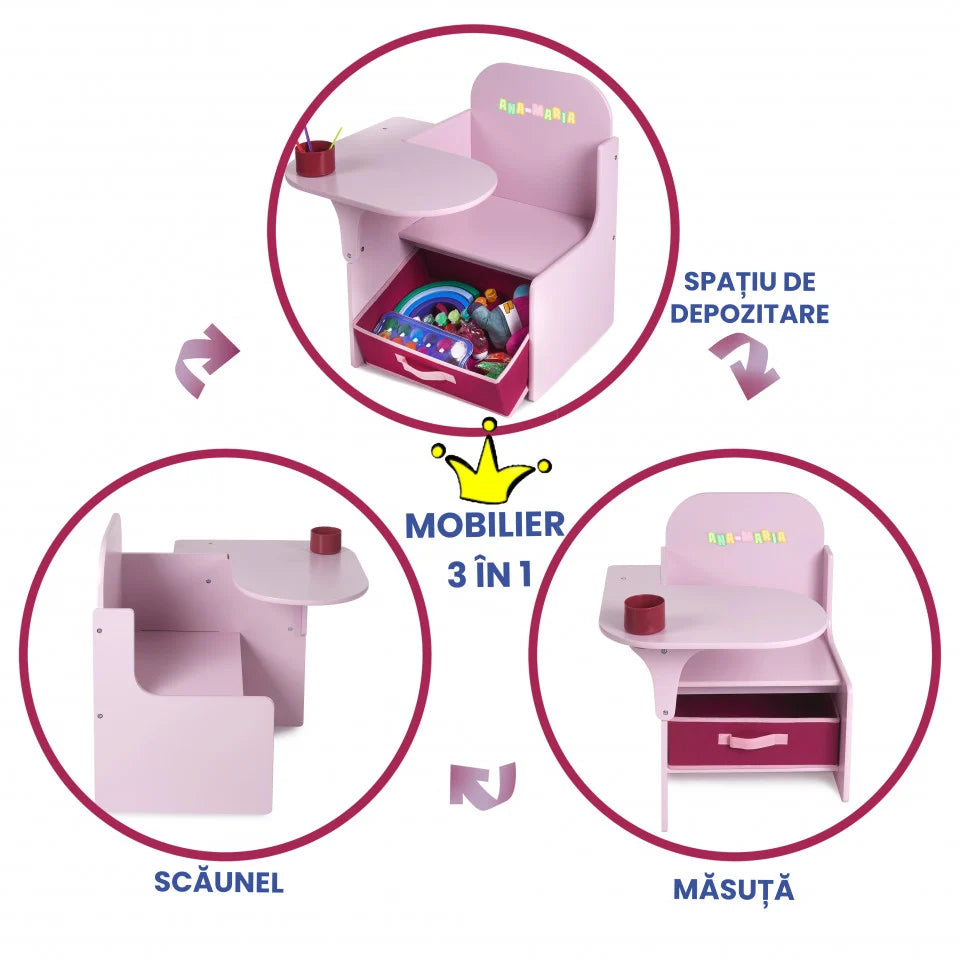 Set Masuta Cu Scaun Incorporat pentru Copii, 3 In 1, Din Lemn Mdf, Varsta 3-6 ani Roz