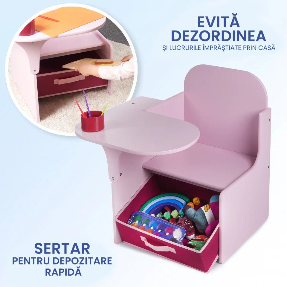 Set Masuta Cu Scaun Incorporat pentru Copii, 3 In 1, Din Lemn Mdf, Varsta 3-6 ani Roz