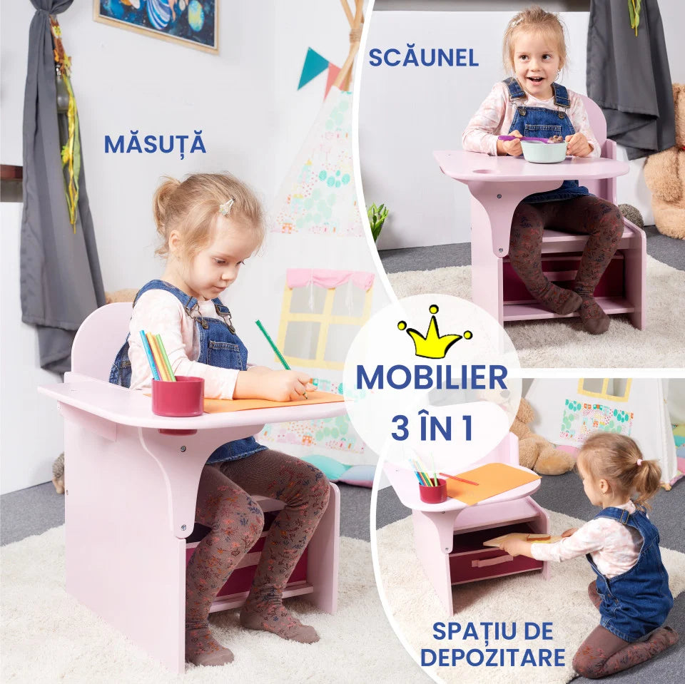 Set Masuta Cu Scaun Incorporat pentru Copii, 3 In 1, Din Lemn Mdf, Varsta 3-6 ani Roz