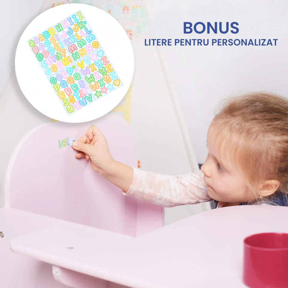 Set Masuta Cu Scaun Incorporat pentru Copii, 3 In 1, Din Lemn Mdf, Varsta 3-6 ani Roz