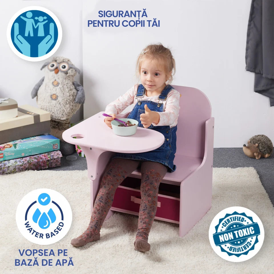 Set Masuta Cu Scaun Incorporat pentru Copii, 3 In 1, Din Lemn Mdf, Varsta 3-6 ani Roz