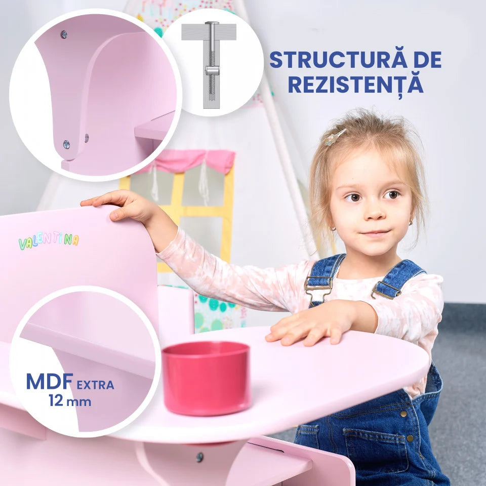 Set Masuta Cu Scaun Incorporat pentru Copii, 3 In 1, Din Lemn Mdf, Varsta 3-6 ani Roz