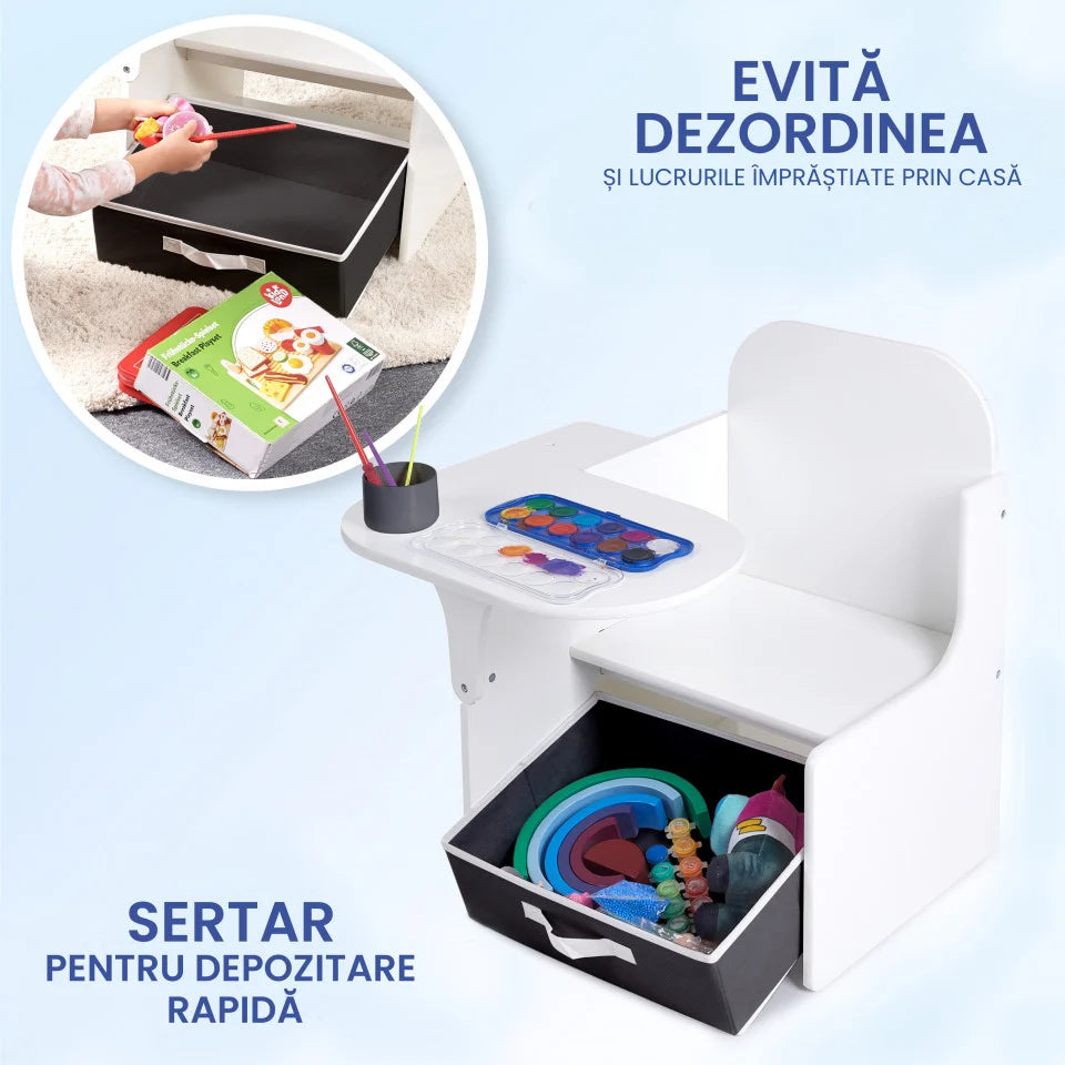 Set Masuta Cu Scaun Incorporat pentru Copii, 3 In 1 din Lemn Mdf, Varsta 3-6 ani Alb si Gri