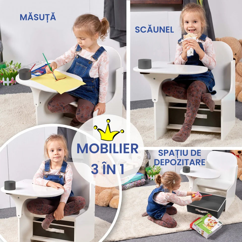 Set Masuta Cu Scaun Incorporat pentru Copii, 3 In 1 din Lemn Mdf, Varsta 3-6 ani Alb si Gri