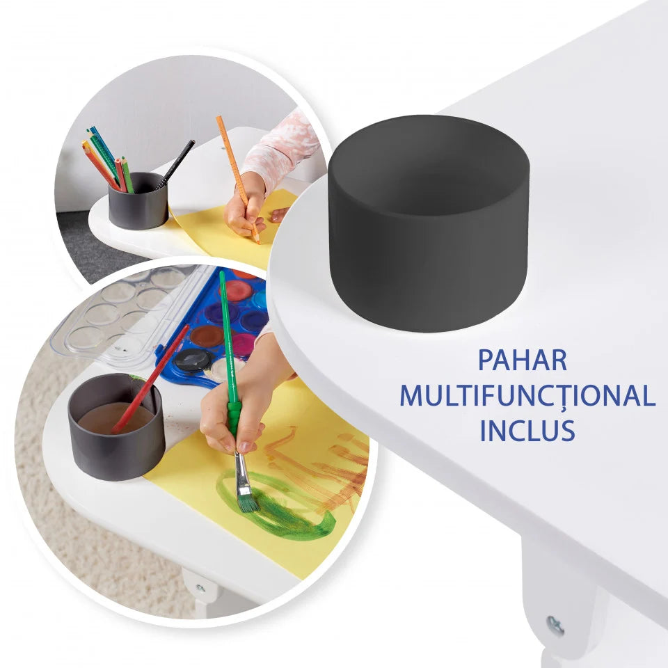 Set Masuta Cu Scaun Incorporat pentru Copii, 3 In 1 din Lemn Mdf, Varsta 3-6 ani Alb si Gri