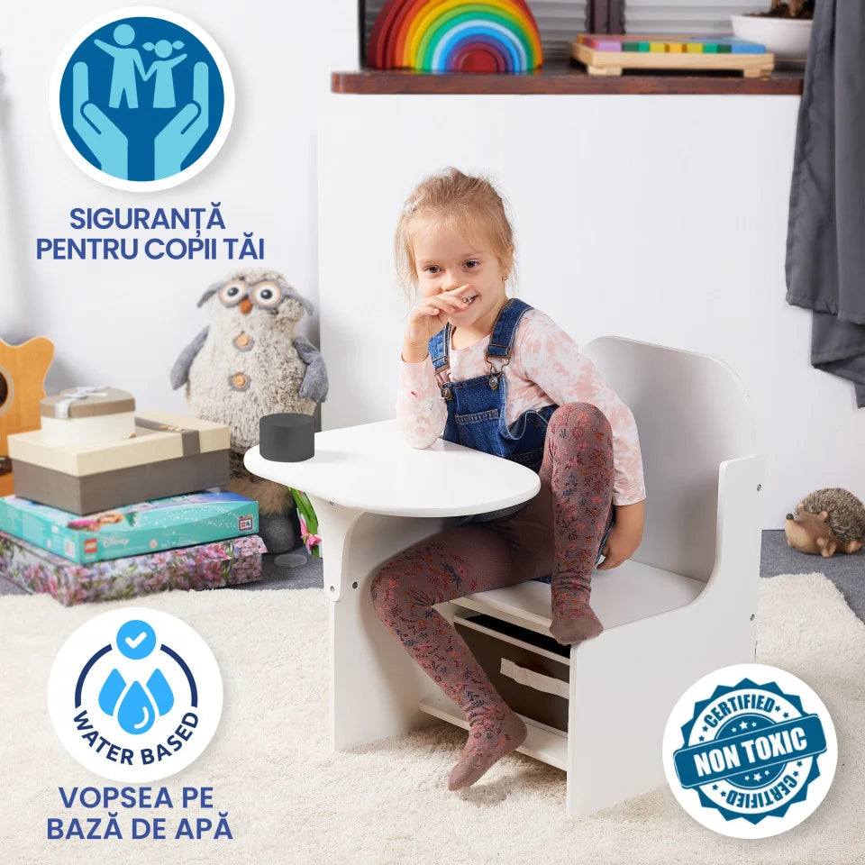 Set Masuta Cu Scaun Incorporat pentru Copii, 3 In 1 din Lemn Mdf, Varsta 3-6 ani Alb si Gri