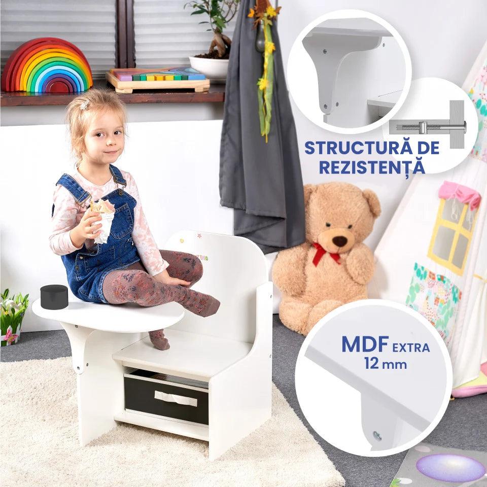 Set Masuta Cu Scaun Incorporat pentru Copii, 3 In 1 din Lemn Mdf, Varsta 3-6 ani Alb si Gri