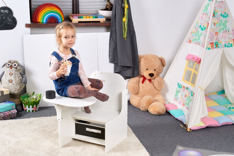 Set Masuta Cu Scaun Incorporat pentru Copii, 3 In 1 din Lemn Mdf, Varsta 3-6 ani Alb si Gri