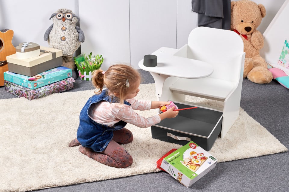 Set Masuta Cu Scaun Incorporat pentru Copii, 3 In 1 din Lemn Mdf, Varsta 3-6 ani Alb si Gri