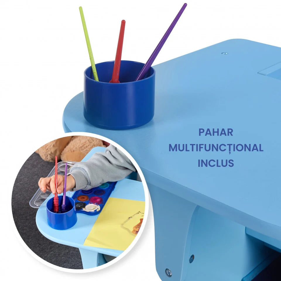 Set Masuta Cu Scaun Incorporat pentru Copii 3 In 1, Din Lemn Mdf, Varsta 3-6 ani Albastru