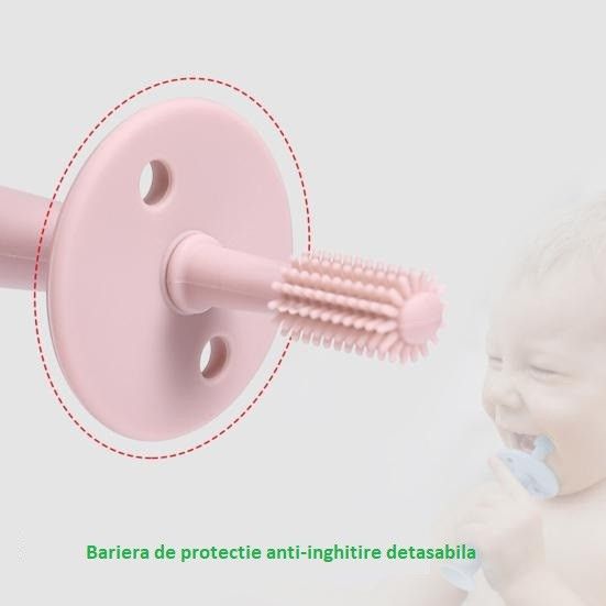 Periuță de dinți din silicon pentru bebeluși – Fără BPA, 360°, cu barieră anti-înghițire și mâner ergonomic