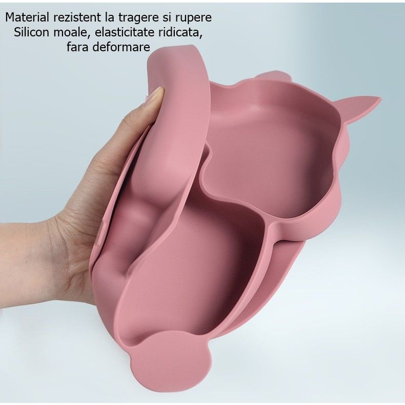 Set 10 piese diversificare bebeluși și copii din silicon – Bavetă, farfurie compartimentată, bol cu ventuză, tacâmuri, cană și capac pentru gustări