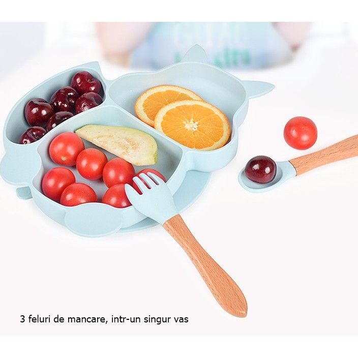 Set 10 piese diversificare bebeluși și copii din silicon – Bavetă, farfurie compartimentată, bol cu ventuză, tacâmuri, cană și capac pentru gustări