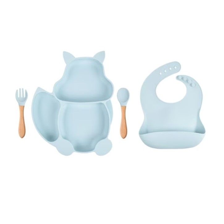 Set 10 piese diversificare bebeluși și copii din silicon – Bavetă, farfurie compartimentată, bol cu ventuză, tacâmuri, cană și capac pentru gustări