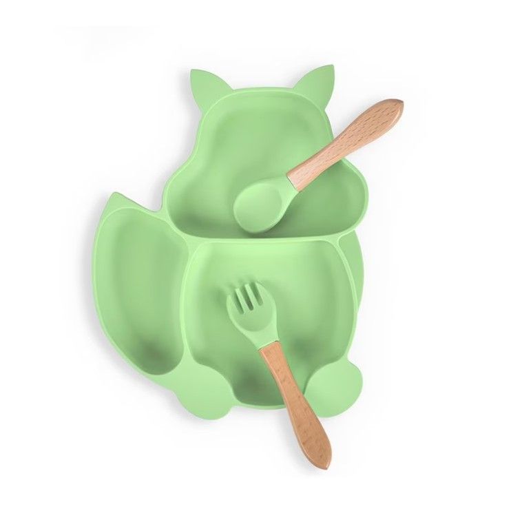 Set 10 piese diversificare bebeluși și copii din silicon – Bavetă, farfurie compartimentată, bol cu ventuză, tacâmuri, cană și capac pentru gustări