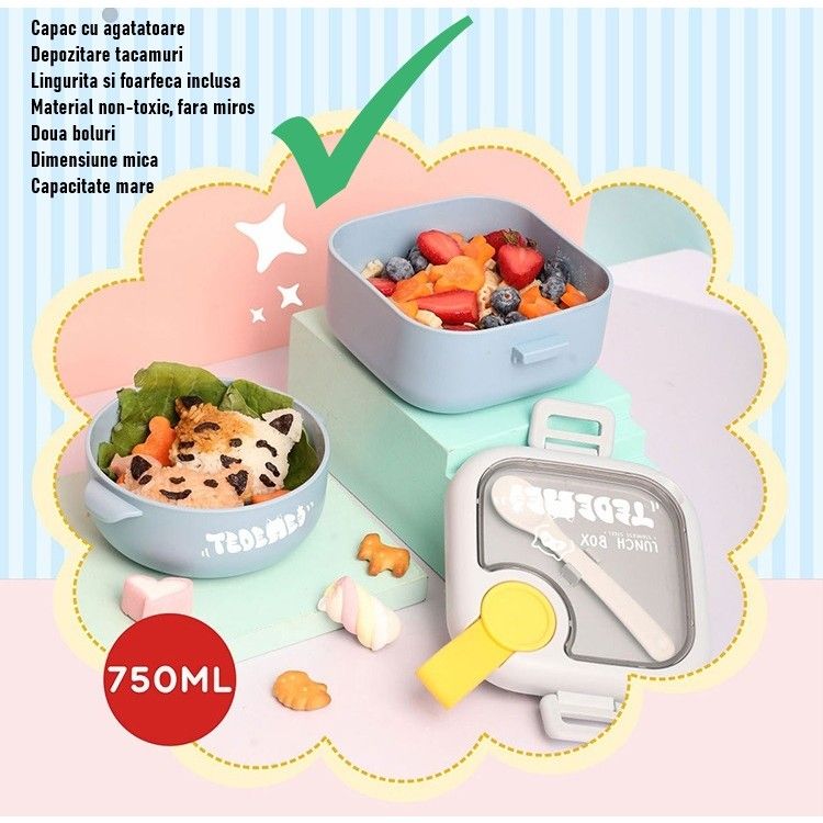 Caserolă pentru copii – Lunch Box 750 ml, cu două boluri, lingură și foarfecă, rezistentă la scurgeri